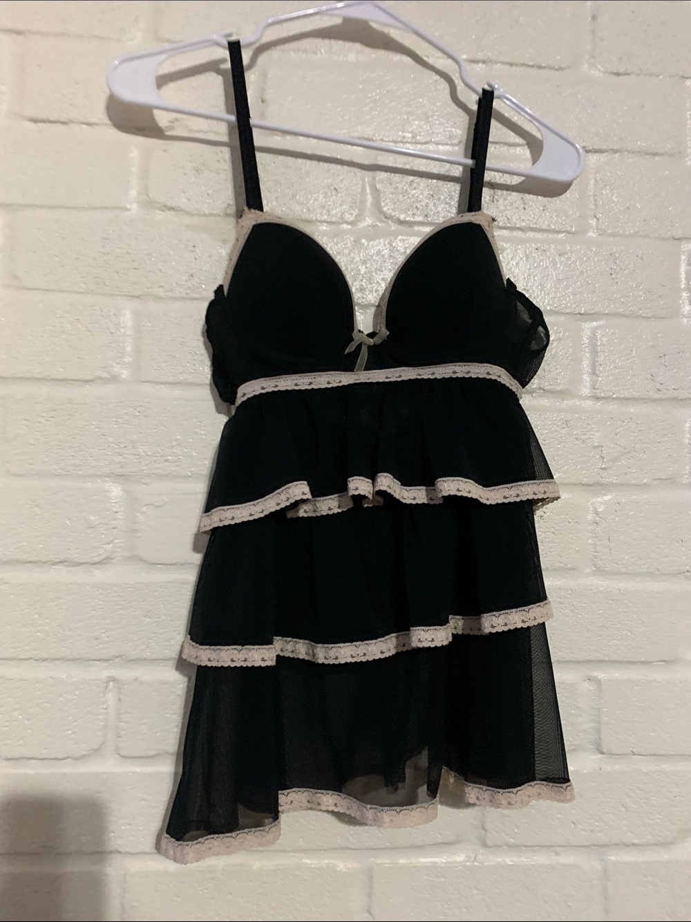 Black Lace-Trim Tiered Babydoll Chemise padded
